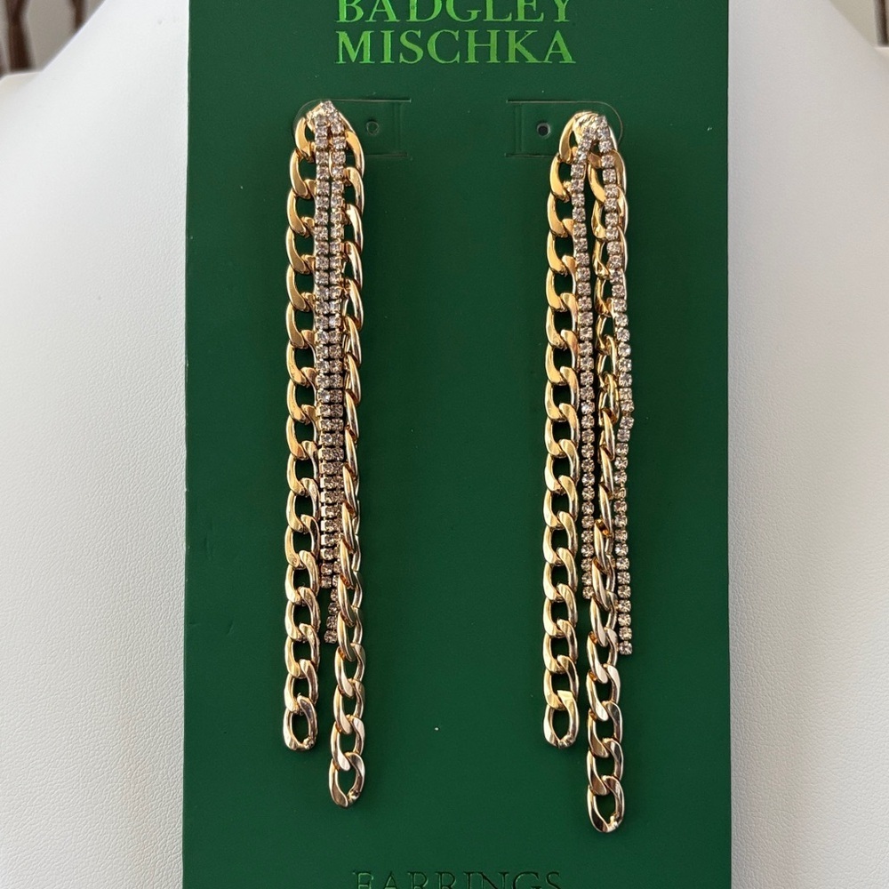 BADGKEY MISCHKA gold tone tassel,2 chain-link,2 rhinestone,post drop earrings